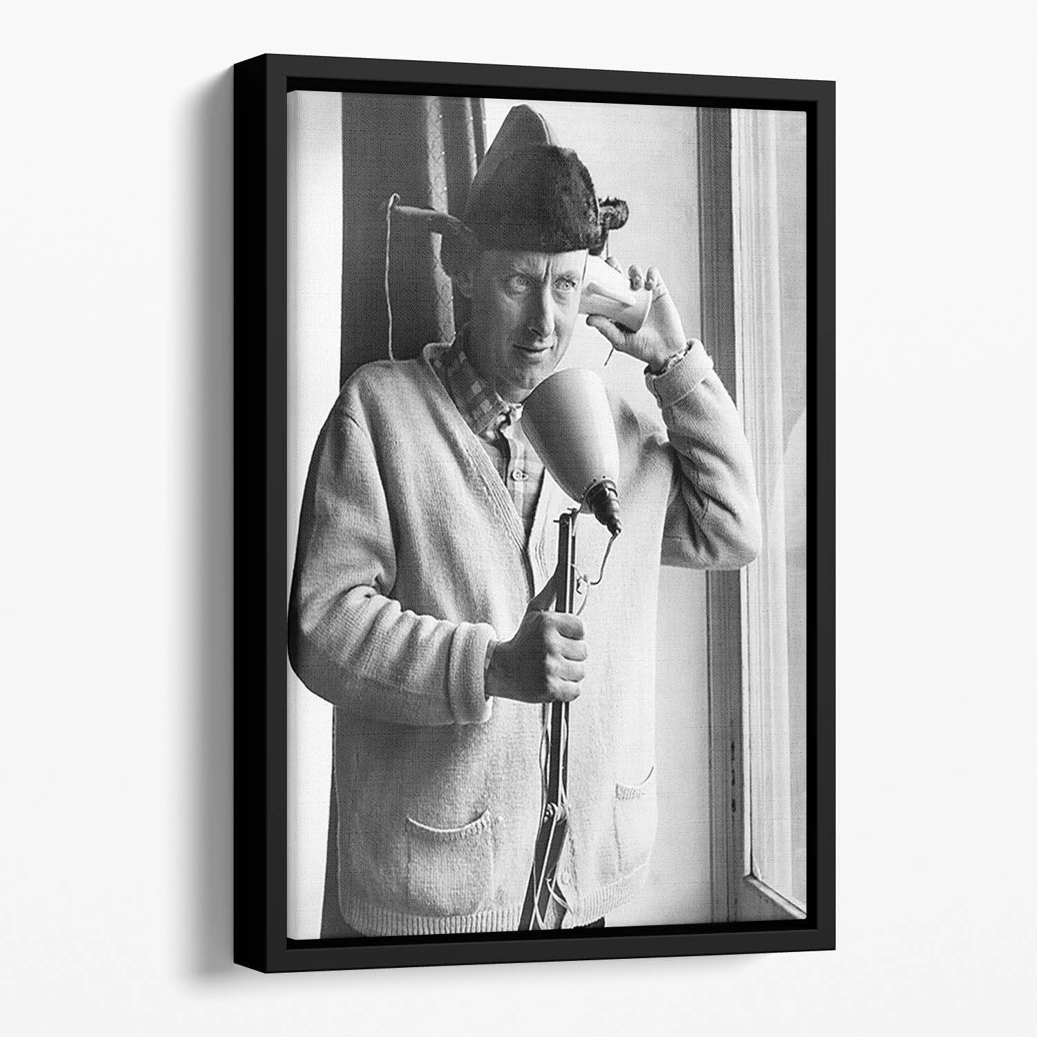 Spike Milligan makes a phone call Floating Framed Canvas