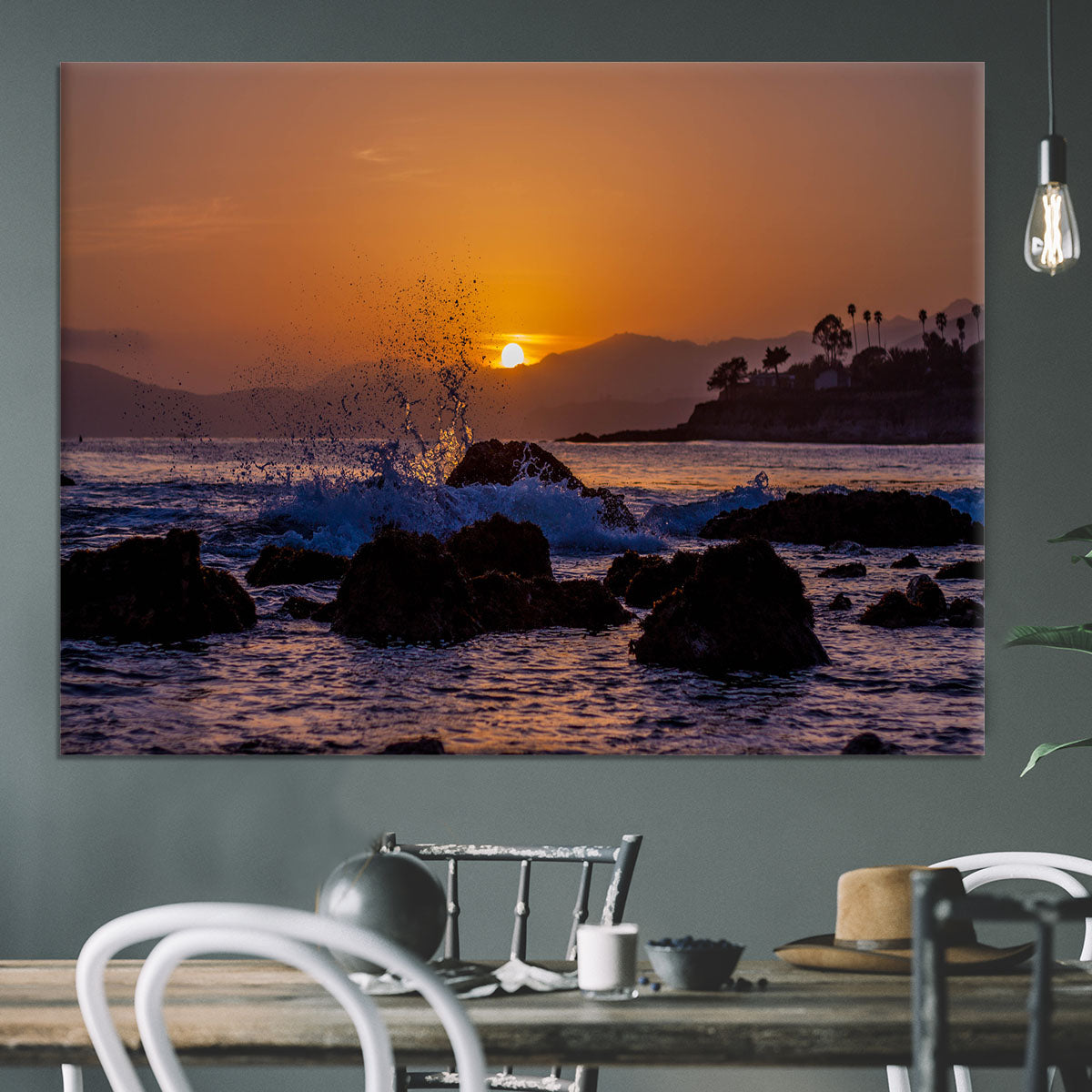 Splashing Rocks Beach Sunset Canvas Print or Poster - Canvas Art Rocks - 3