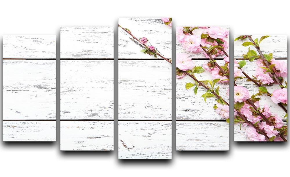 Spring flowering branch on white wooden 5 Split Panel Canvas  - Canvas Art Rocks - 1