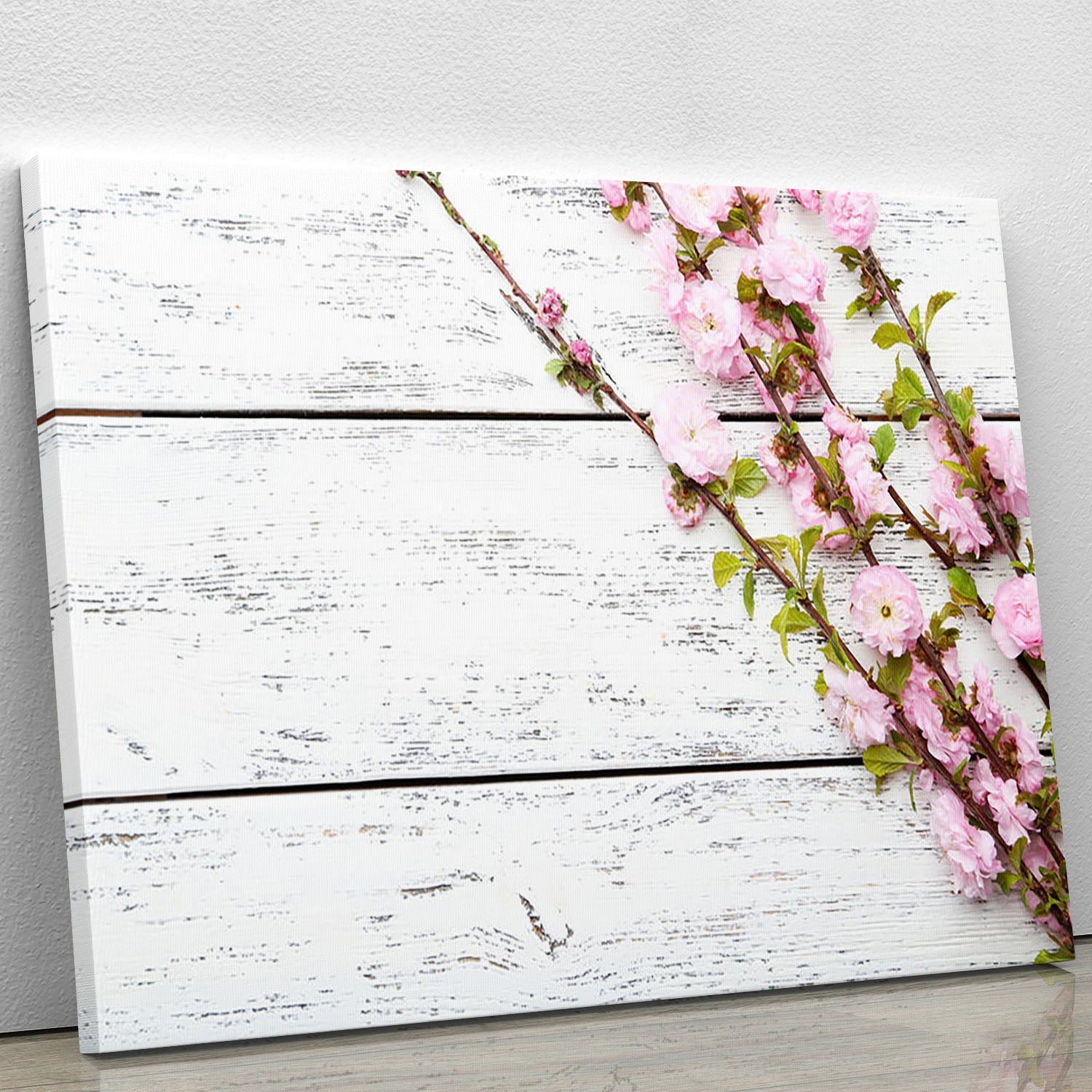 Spring flowering branch on white wooden Canvas Print or Poster - Canvas Art Rocks - 1
