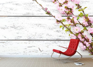 Spring flowering branch on white wooden Wall Mural Wallpaper - Canvas Art Rocks - 2