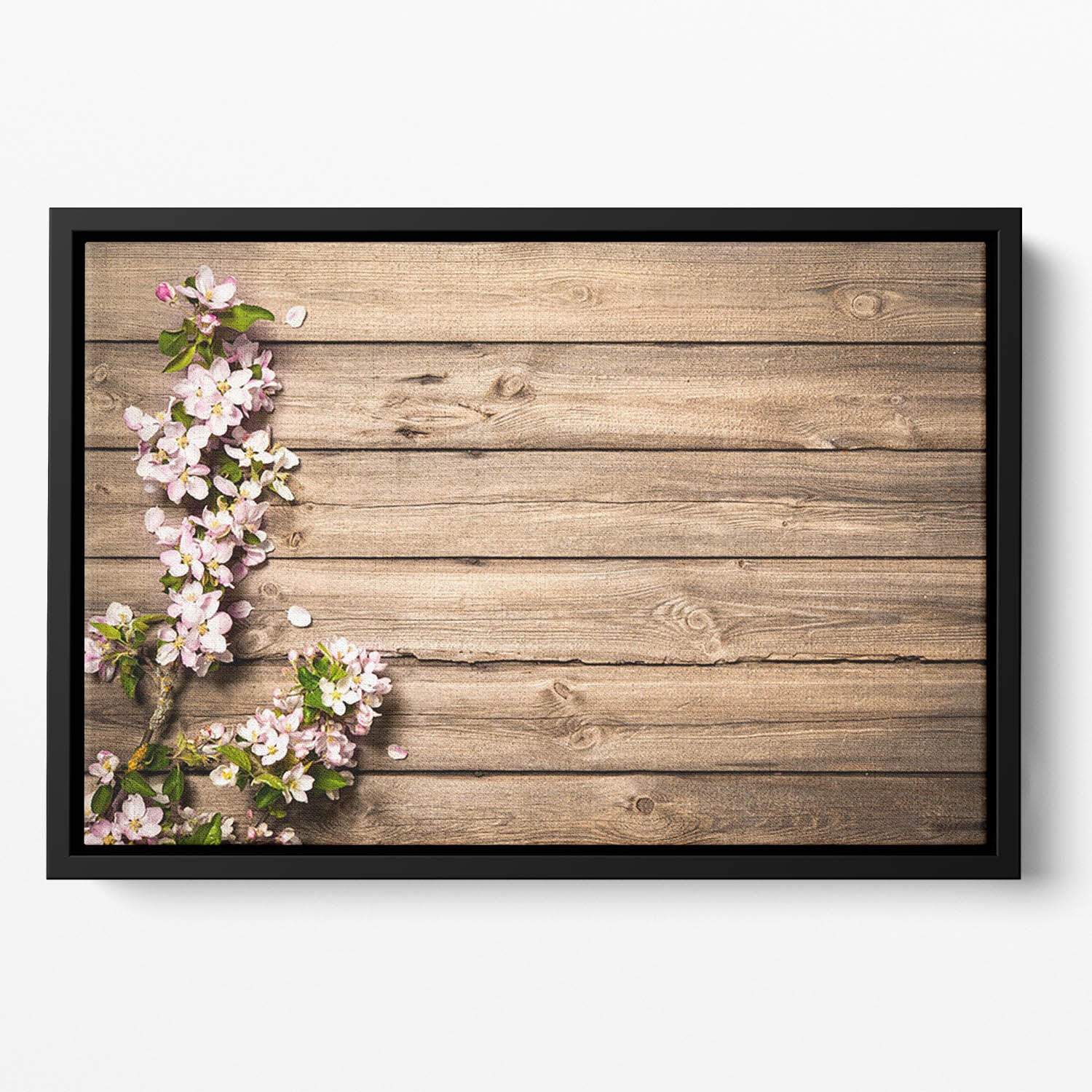 Spring flowering branch on wooden background Floating Framed Canvas