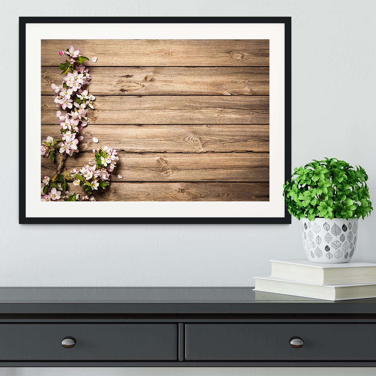 Spring flowering branch on wooden background Framed Print - Canvas Art Rocks - 1