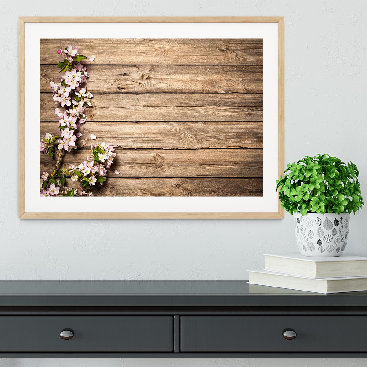 Spring flowering branch on wooden background Framed Print - Canvas Art Rocks - 3