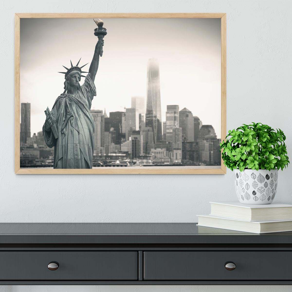 Statue of Liberty with cityscape Framed Print - Canvas Art Rocks - 4