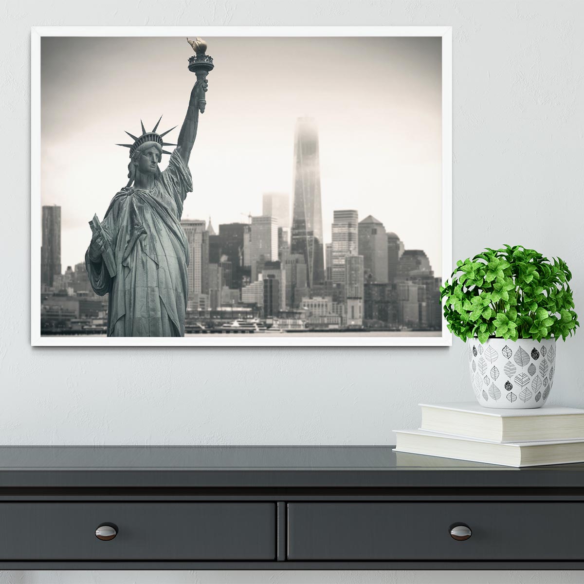 Statue of Liberty with cityscape Framed Print - Canvas Art Rocks -6
