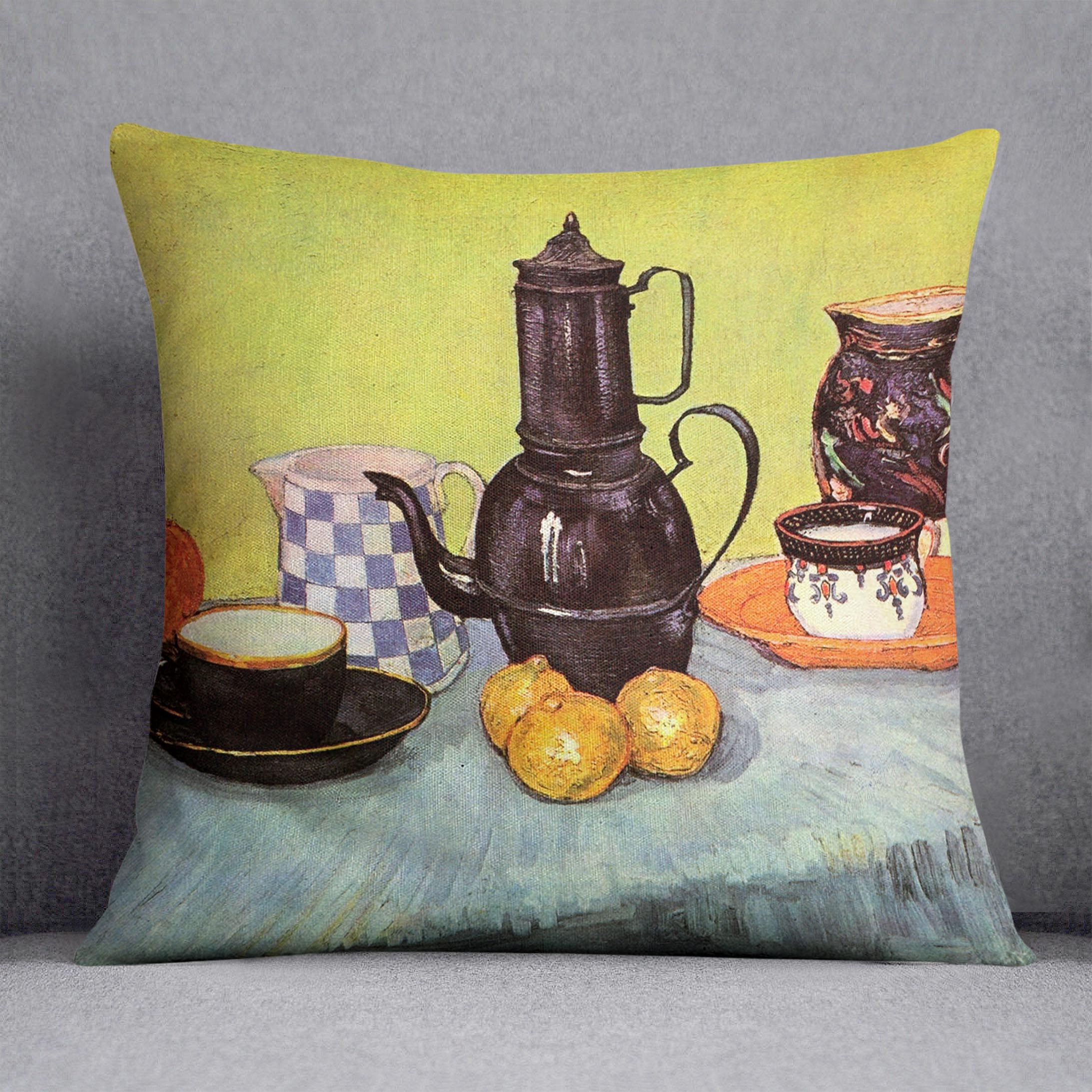 Still Life Blue Enamel Coffeepot Earthenware and Fruit by Van Gogh Cushion