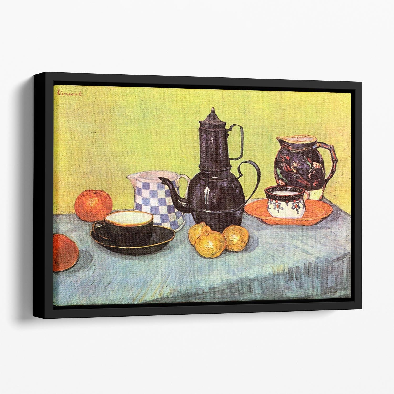 Still Life Blue Enamel Coffeepot Earthenware and Fruit by Van Gogh Floating Framed Canvas