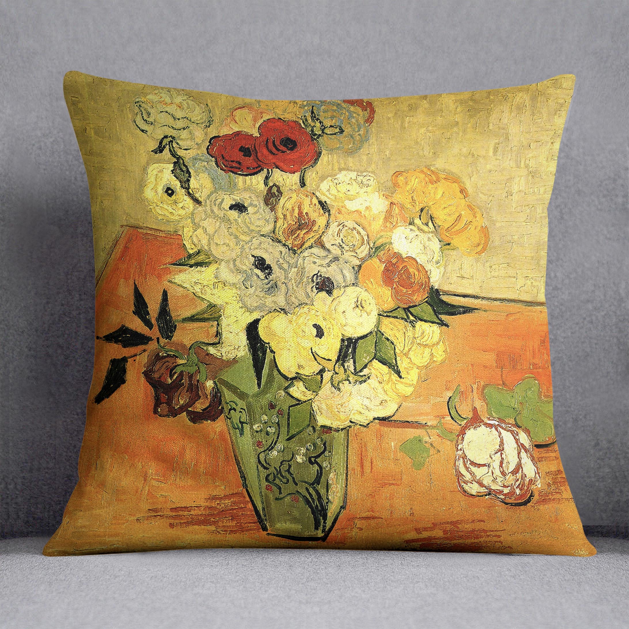Still Life Japanese Vase with Roses and Anemones by Van Gogh Cushion