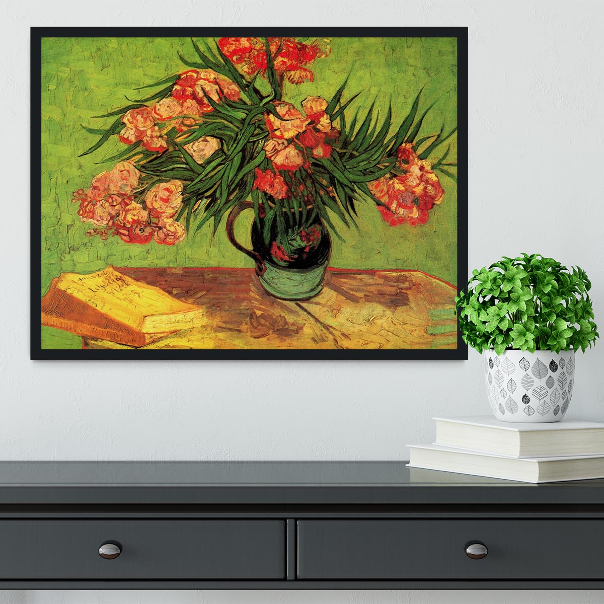 Still Life Vase with Oleanders and Books by Van Gogh Framed Print - Canvas Art Rocks - 2