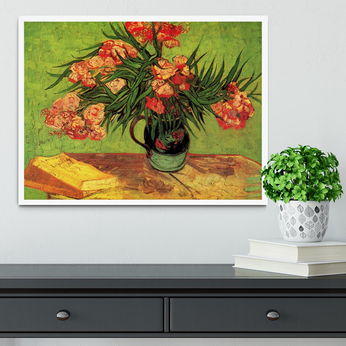 Still Life Vase with Oleanders and Books by Van Gogh Framed Print - Canvas Art Rocks -6