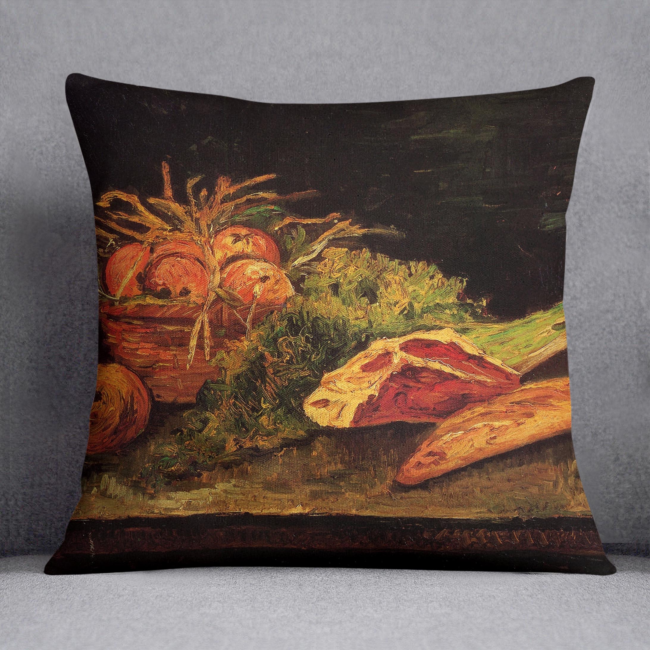 Still Life with Apples Meat and a Roll by Van Gogh Cushion