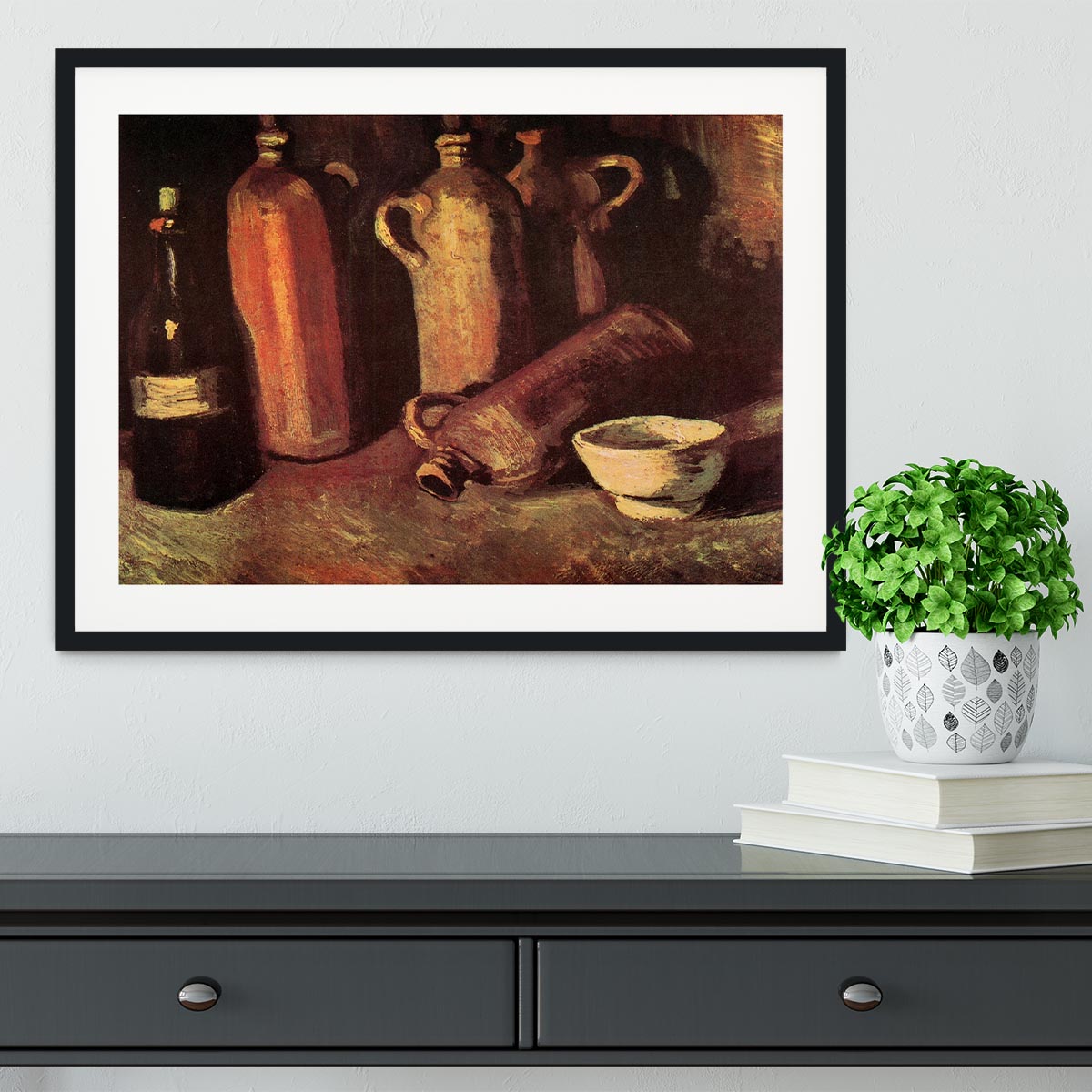Still Life with Four Stone Bottles Flask and White Cup by Van Gogh Framed Print - Canvas Art Rocks - 1