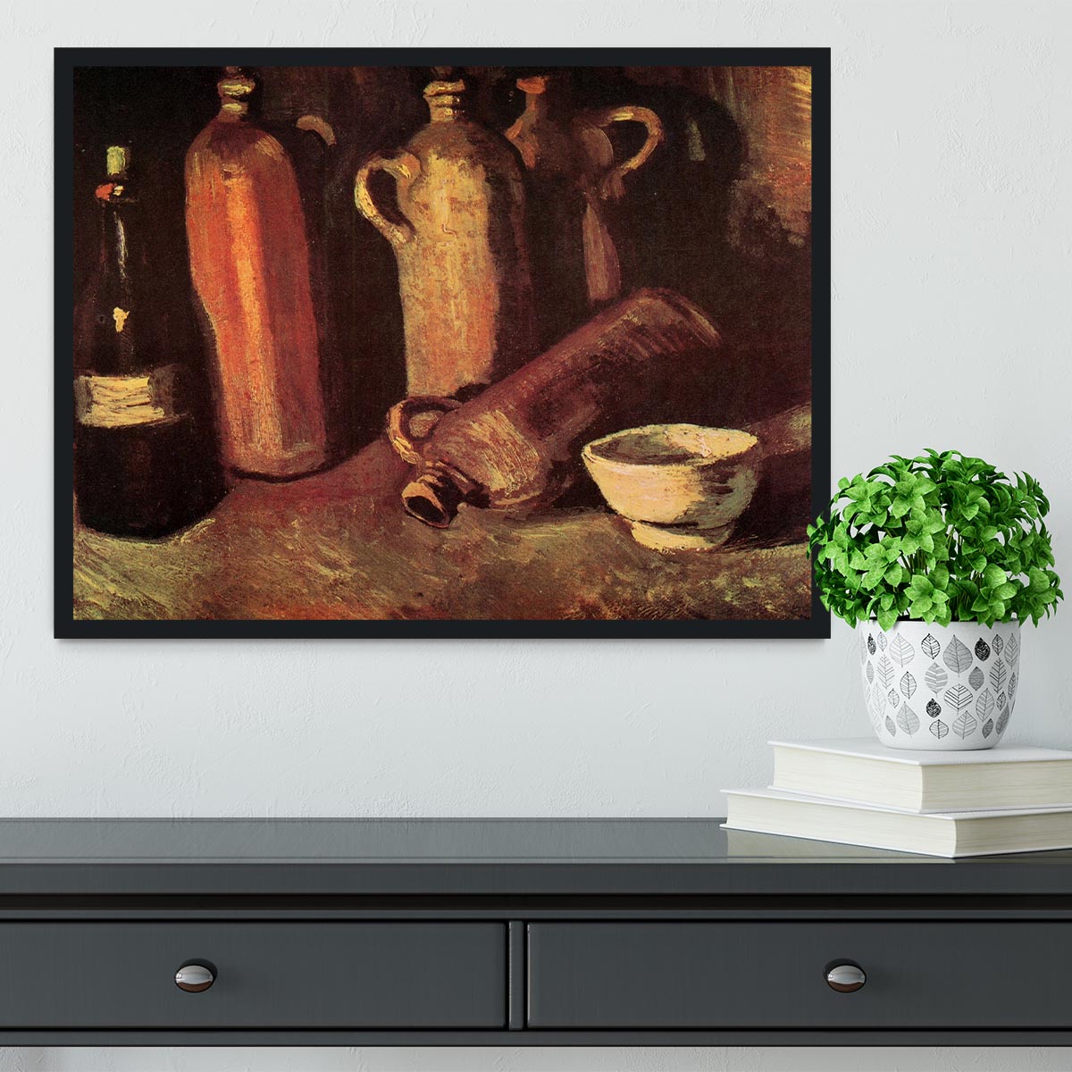 Still Life with Four Stone Bottles Flask and White Cup by Van Gogh Framed Print - Canvas Art Rocks - 2