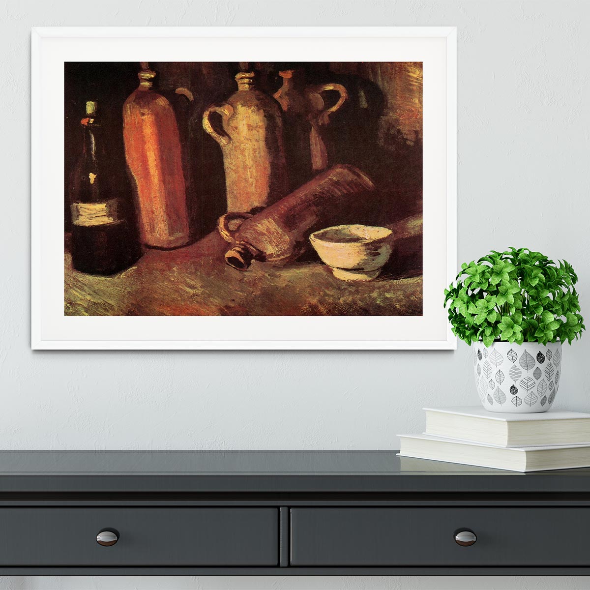 Still Life with Four Stone Bottles Flask and White Cup by Van Gogh Framed Print - Canvas Art Rocks - 5