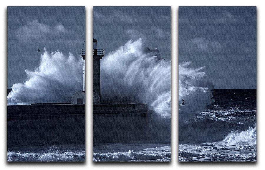 Stormy waves over old lighthouse 3 Split Panel Canvas Print - Canvas Art Rocks - 1