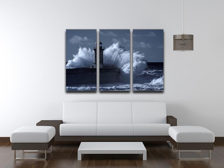 Stormy waves over old lighthouse 3 Split Panel Canvas Print - Canvas Art Rocks - 3