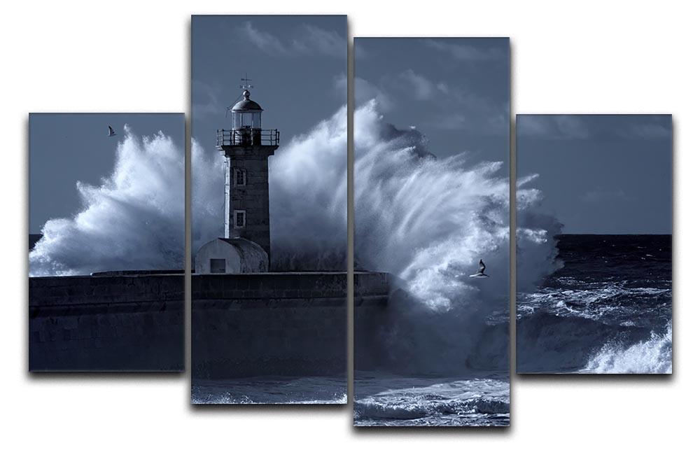 Stormy waves over old lighthouse 4 Split Panel Canvas  - Canvas Art Rocks - 1