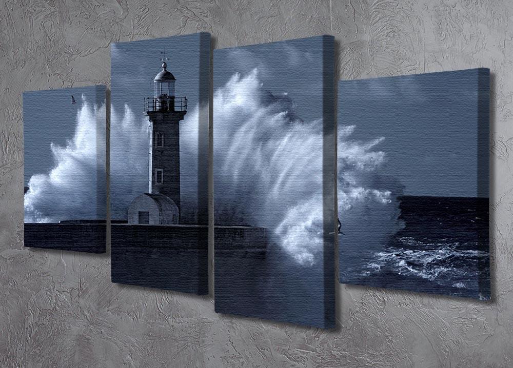 Stormy waves over old lighthouse 4 Split Panel Canvas  - Canvas Art Rocks - 2