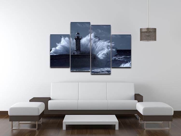 Stormy waves over old lighthouse 4 Split Panel Canvas  - Canvas Art Rocks - 3