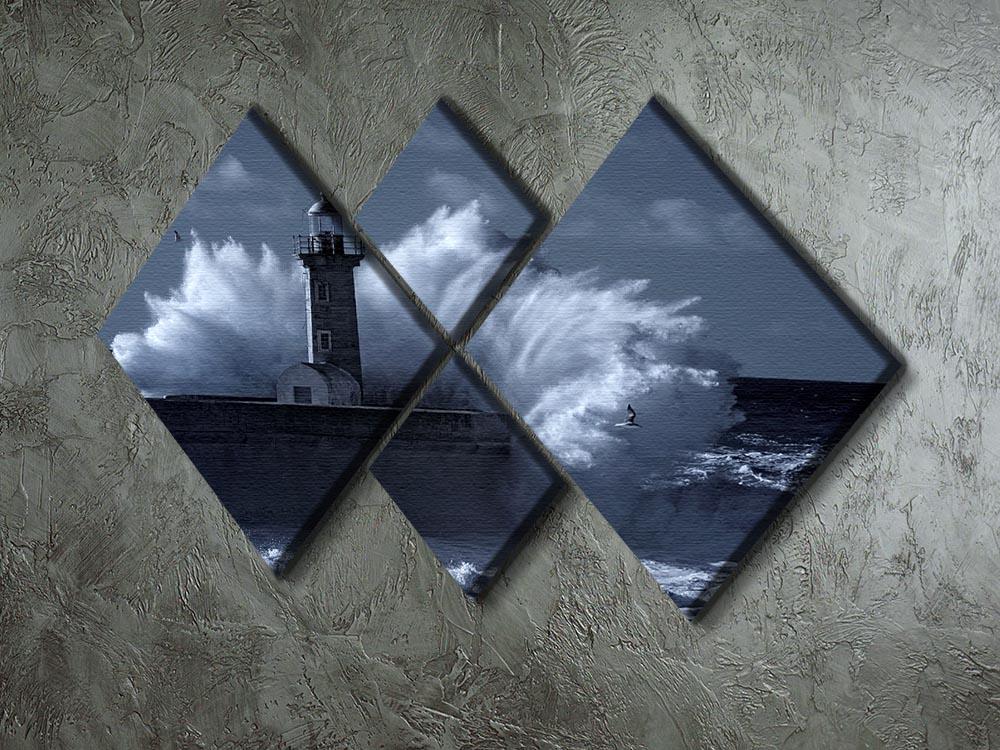 Stormy waves over old lighthouse 4 Square Multi Panel Canvas  - Canvas Art Rocks - 2
