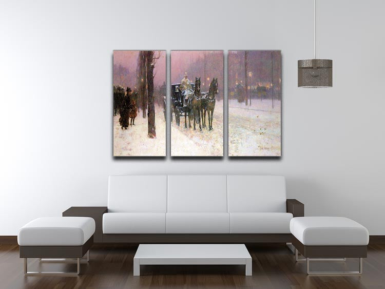 Street scene with two cabs by Hassam 3 Split Panel Canvas Print - Canvas Art Rocks - 3