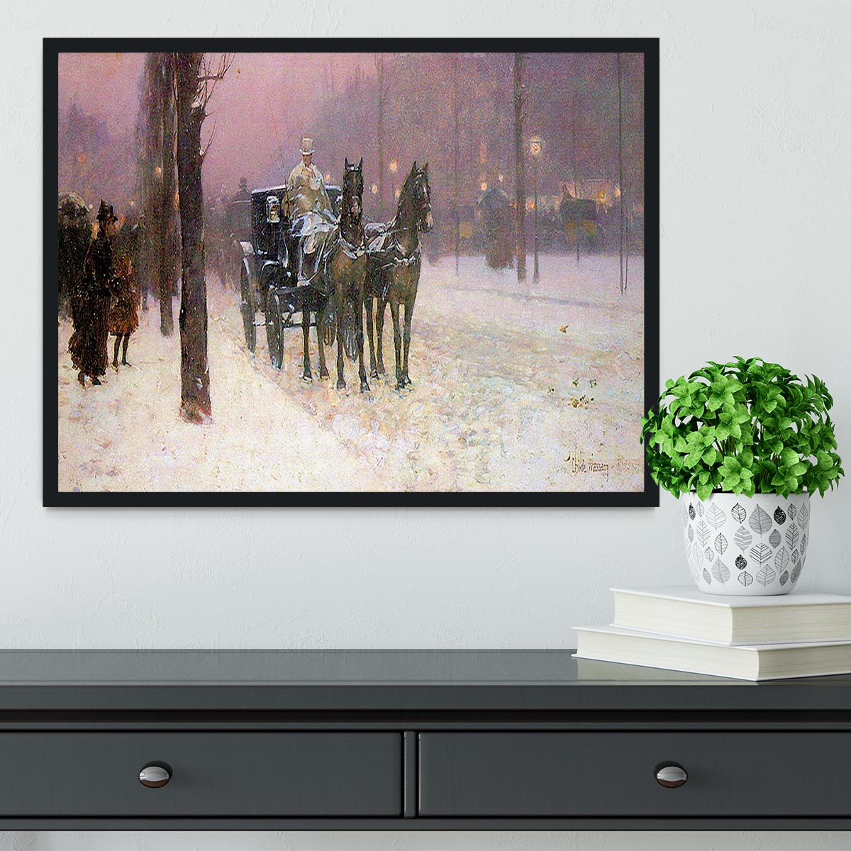 Street scene with two cabs by Hassam Framed Print - Canvas Art Rocks - 2