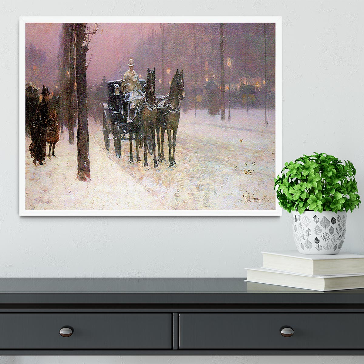 Street scene with two cabs by Hassam Framed Print - Canvas Art Rocks -6