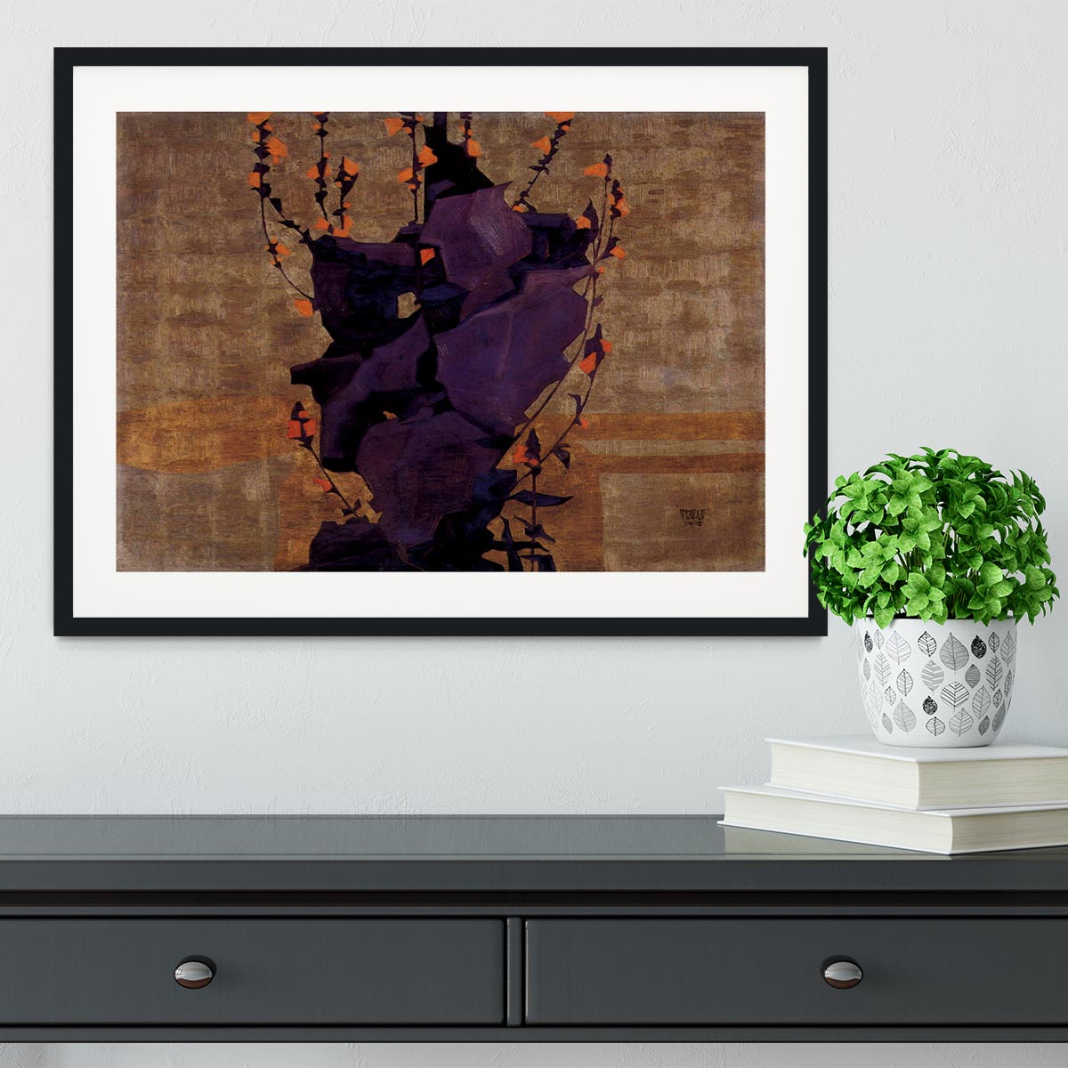 Stylized floral before decorative background style of life by Egon Schiele Framed Print - Canvas Art Rocks - 1