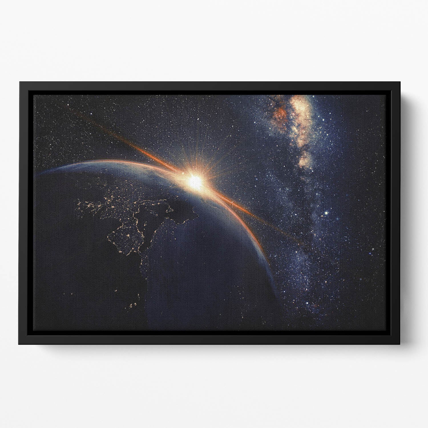 Sunrise seen from space Floating Framed Canvas