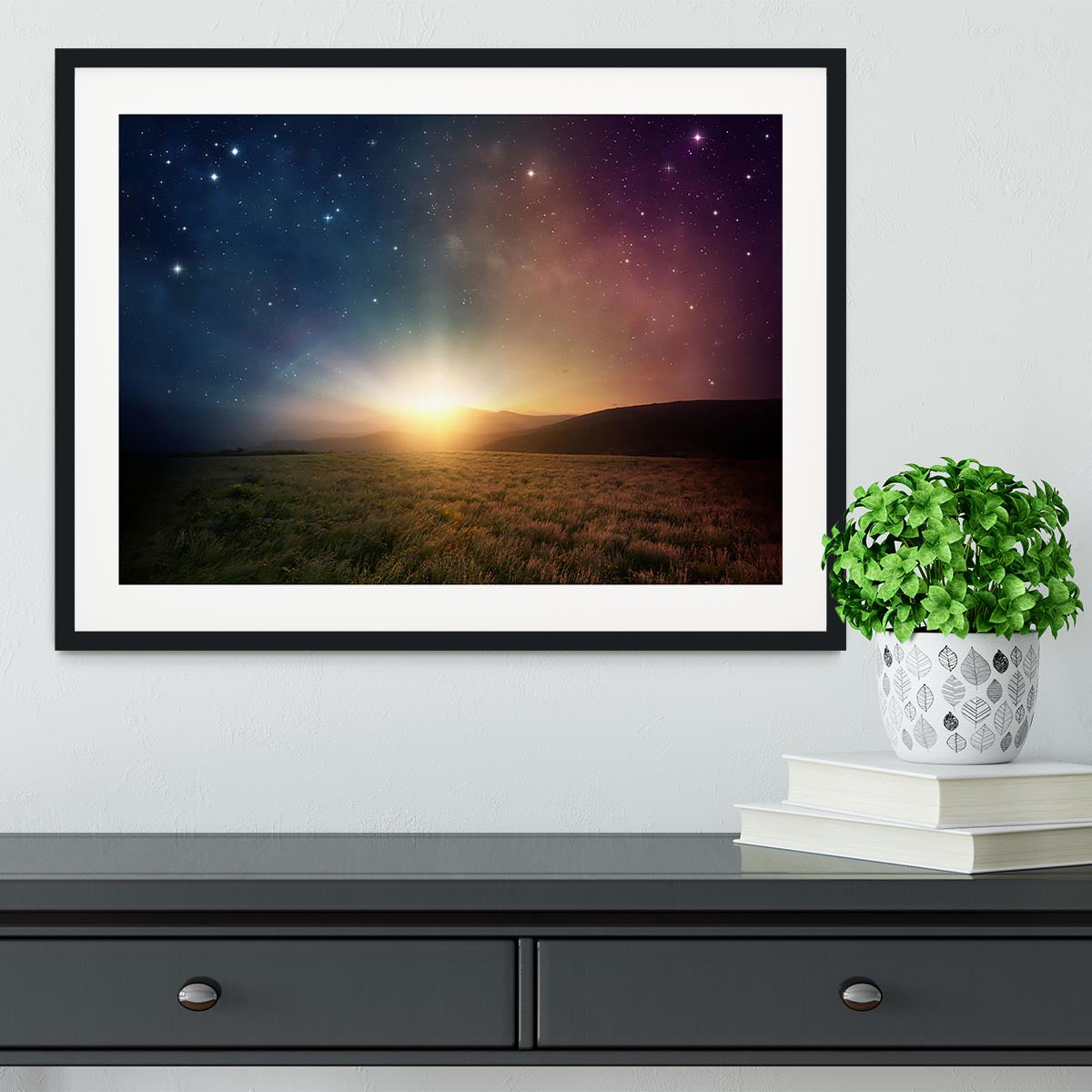Sunrise with stars and galaxy in night Framed Print - Canvas Art Rocks - 1