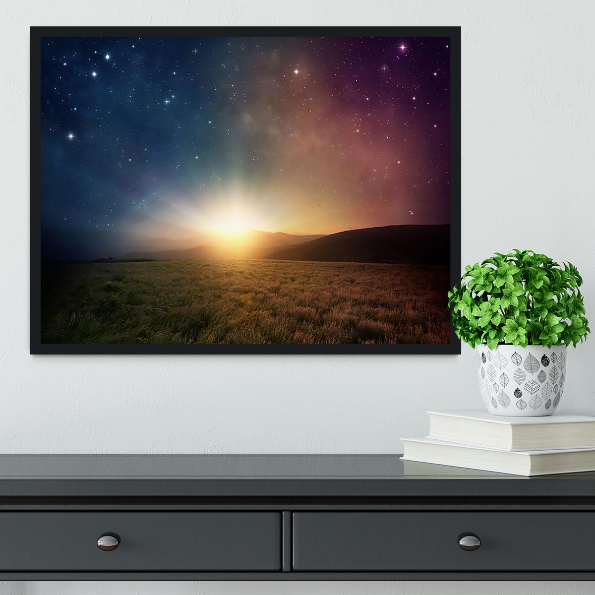 Sunrise with stars and galaxy in night Framed Print - Canvas Art Rocks - 2