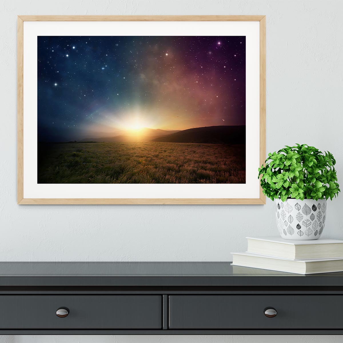 Sunrise with stars and galaxy in night Framed Print - Canvas Art Rocks - 3