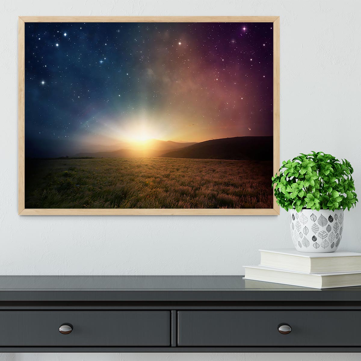 Sunrise with stars and galaxy in night Framed Print - Canvas Art Rocks - 4
