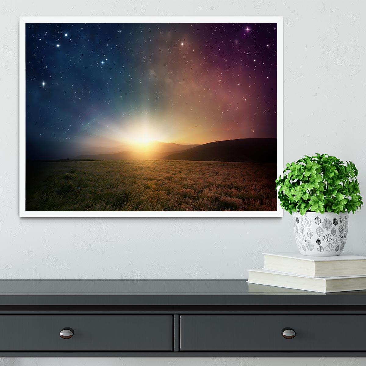 Sunrise with stars and galaxy in night Framed Print - Canvas Art Rocks -6