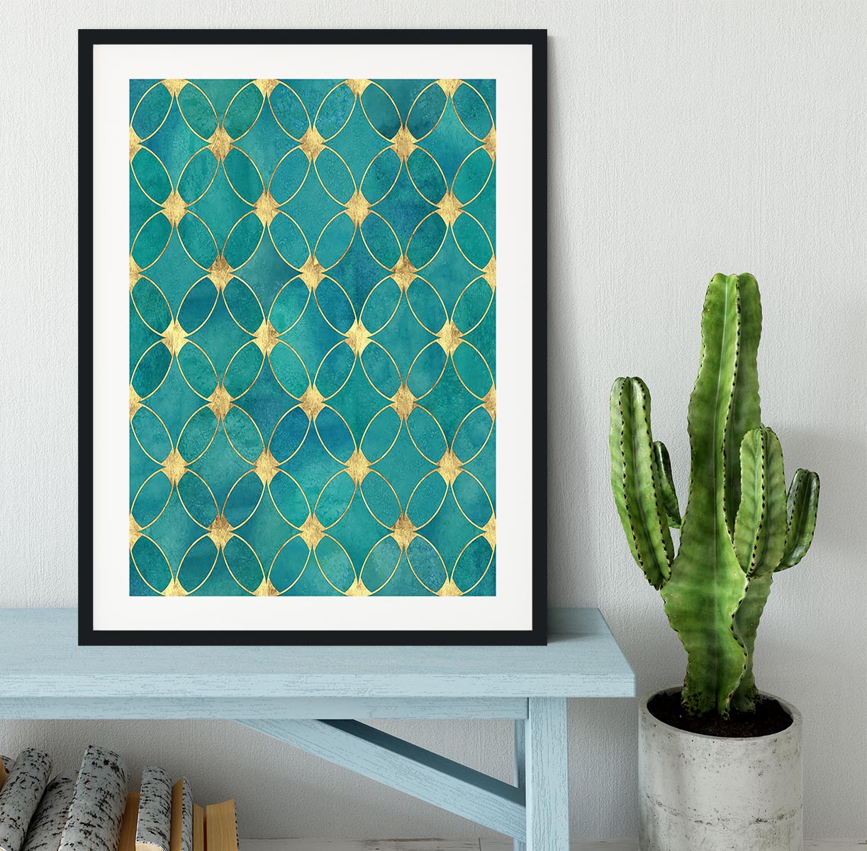Teal and Gold Abstract Pattern Framed Print - Canvas Art Rocks - 1