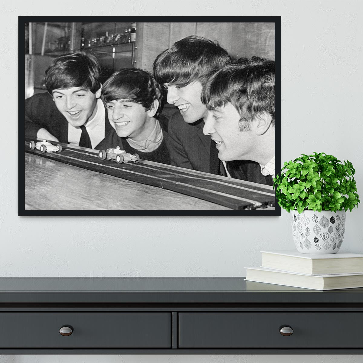 The Beatles play with toy racing cars Framed Print - Canvas Art Rocks - 2