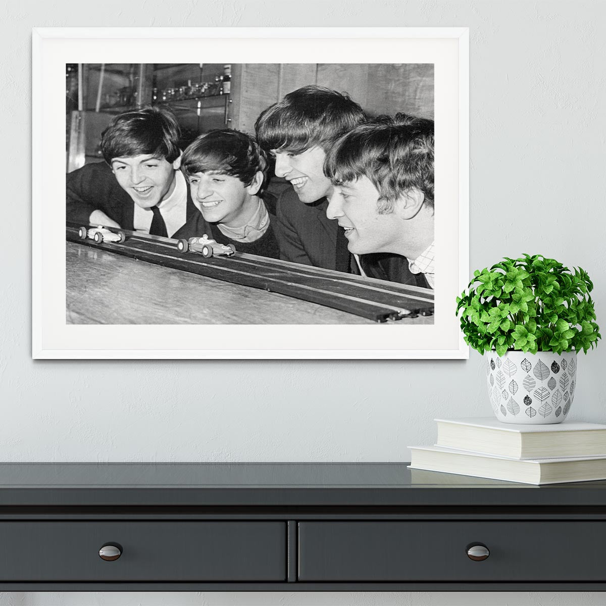 The Beatles play with toy racing cars Framed Print - Canvas Art Rocks - 5