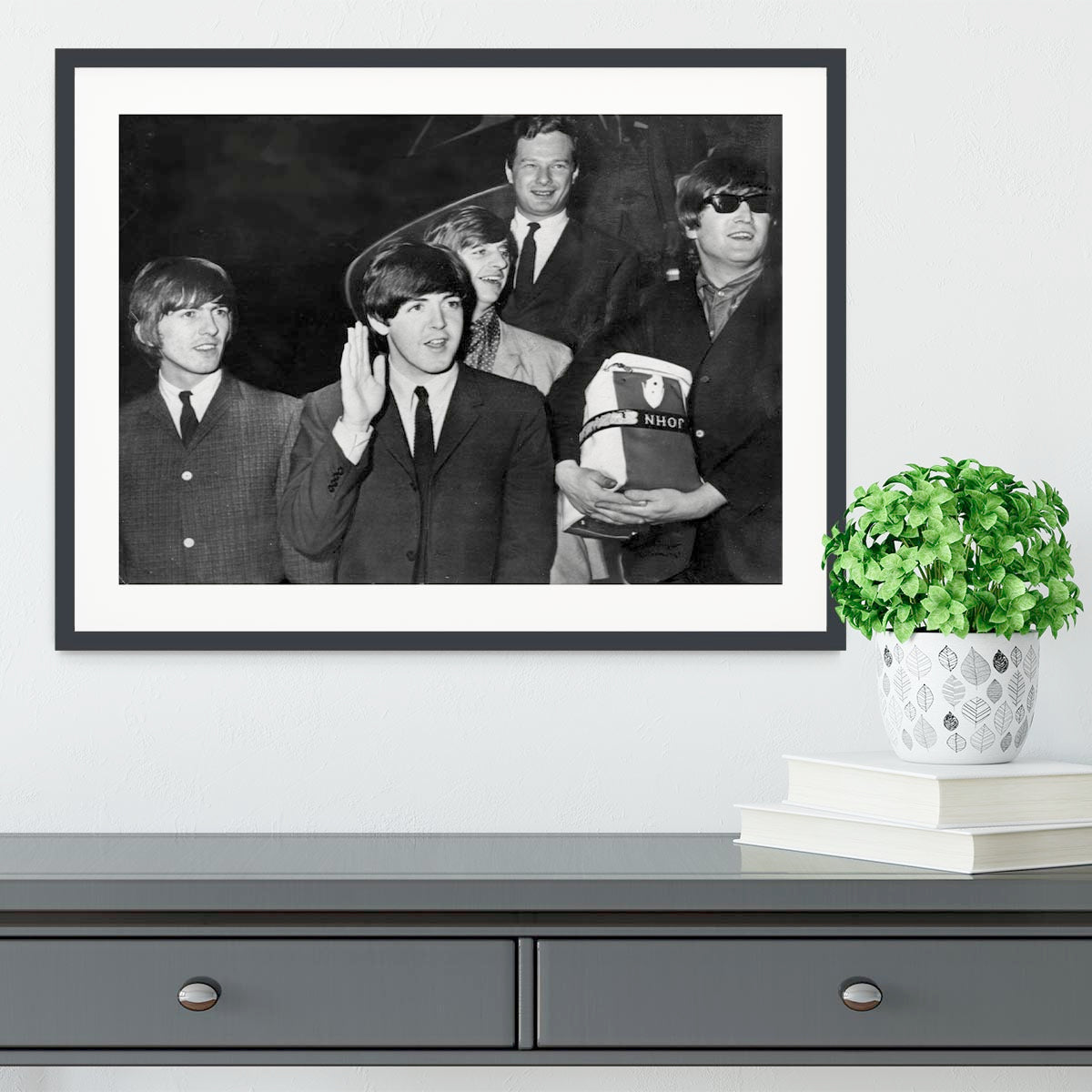The Beatles with Brian Epstein at London Airport Framed Print - Canvas Art Rocks - 1
