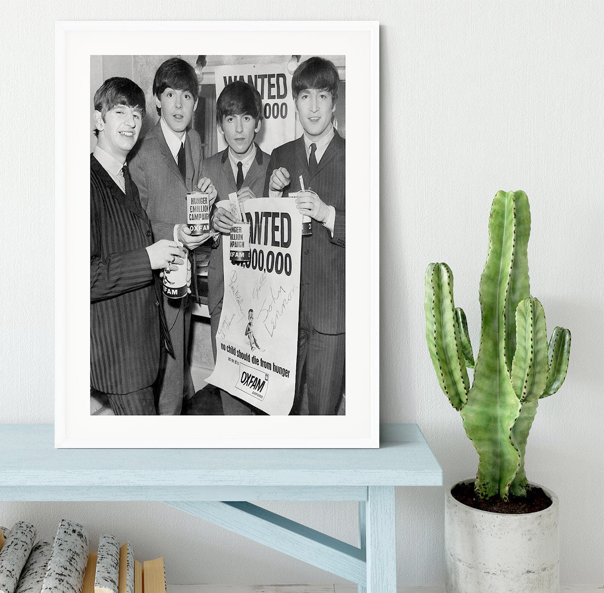The Beatles with an Oxfam poster Framed Print - Canvas Art Rocks - 5