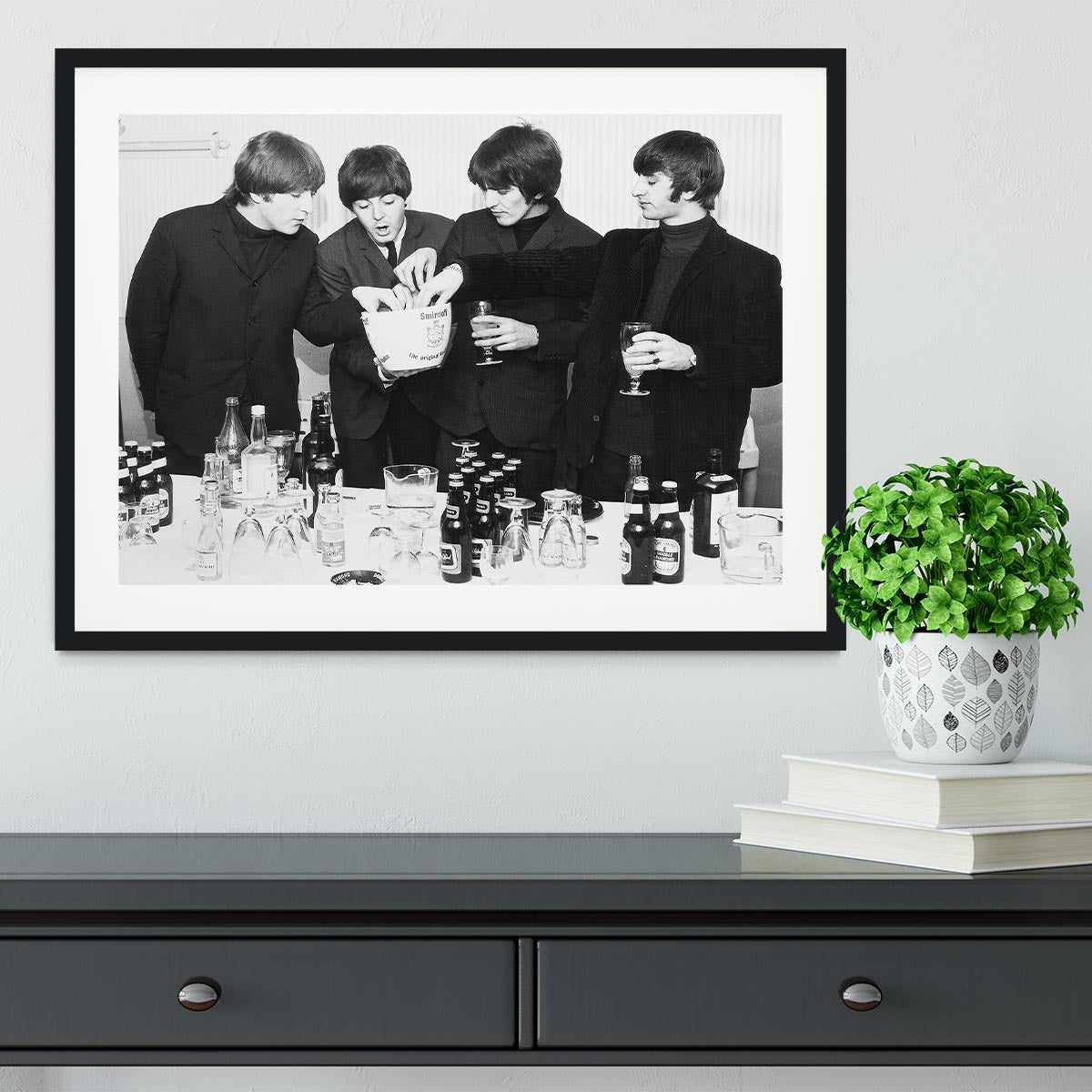 The Beatles with bottles of beer Framed Print - Canvas Art Rocks - 1