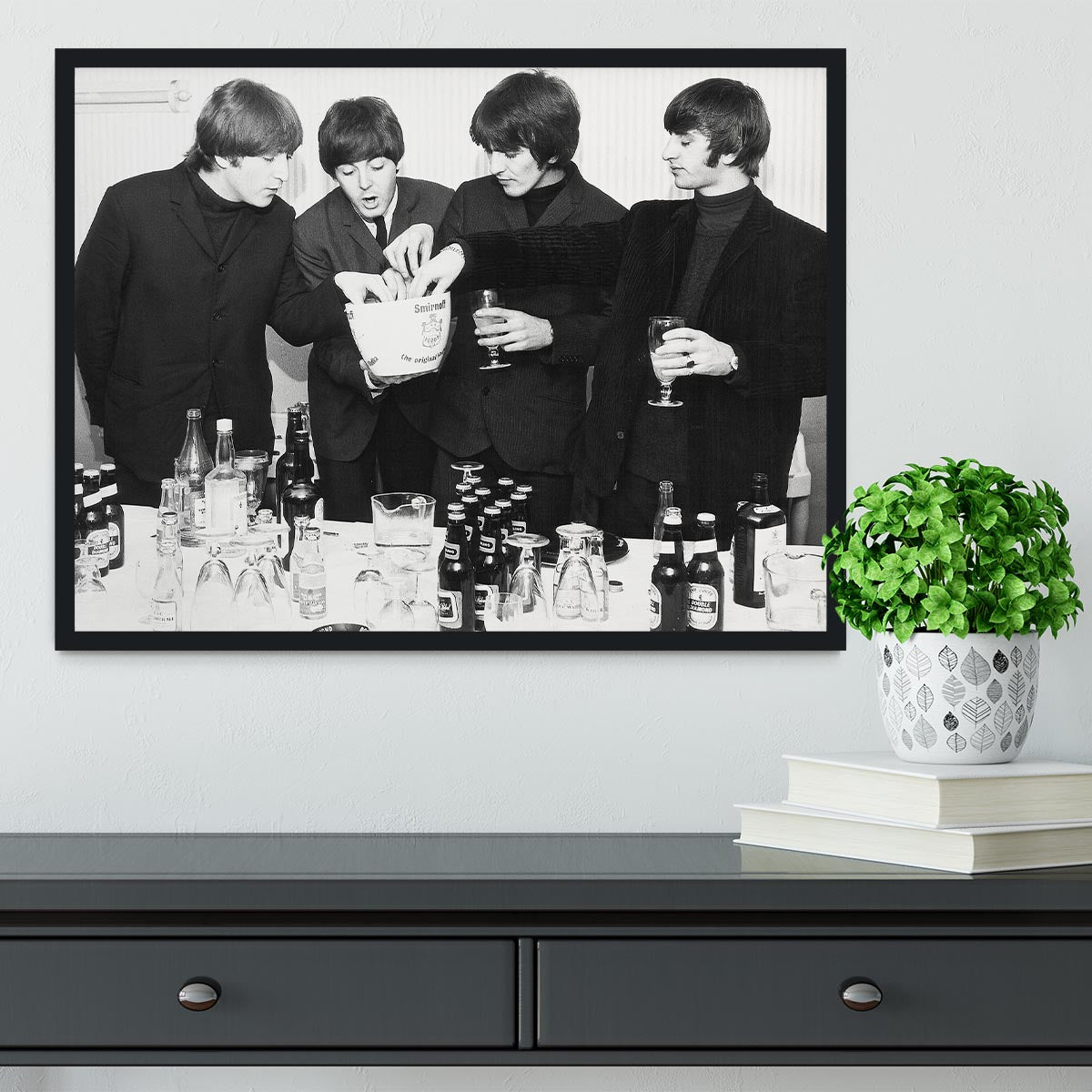 The Beatles with bottles of beer Framed Print - Canvas Art Rocks - 2