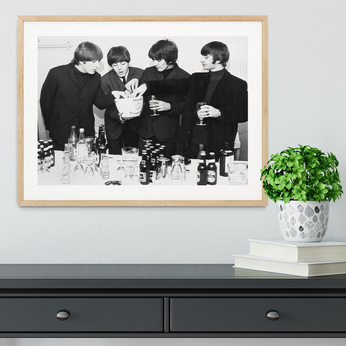 The Beatles with bottles of beer Framed Print - Canvas Art Rocks - 3
