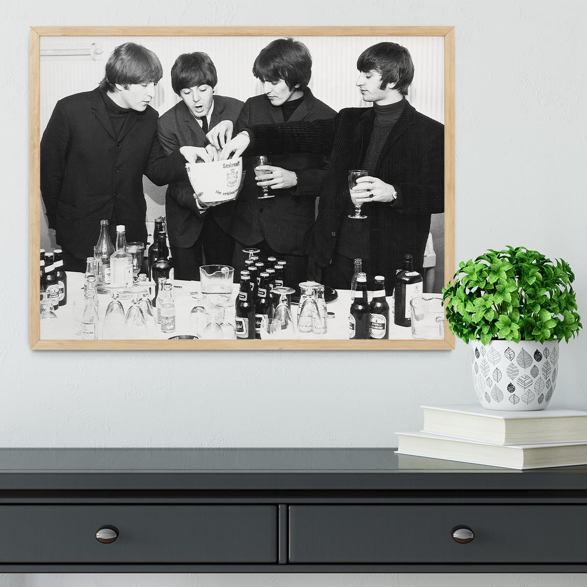 The Beatles with bottles of beer Framed Print - Canvas Art Rocks - 4