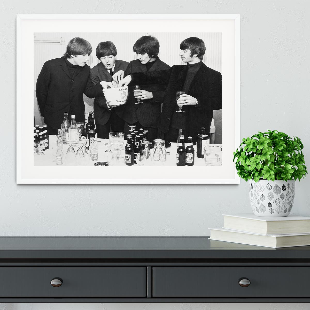 The Beatles with bottles of beer Framed Print - Canvas Art Rocks - 5