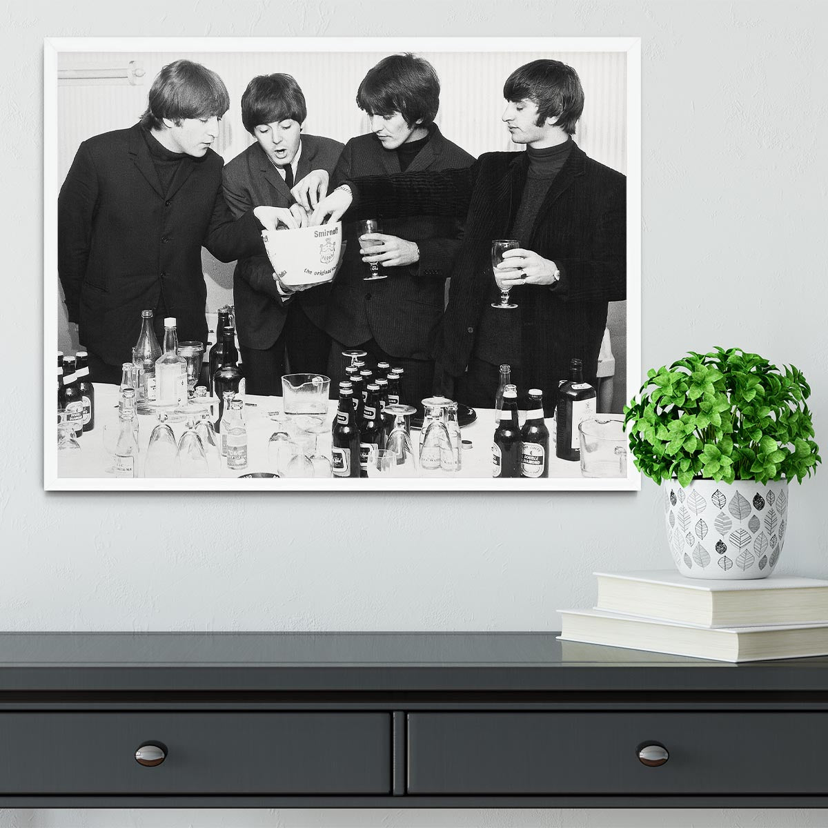 The Beatles with bottles of beer Framed Print - Canvas Art Rocks -6