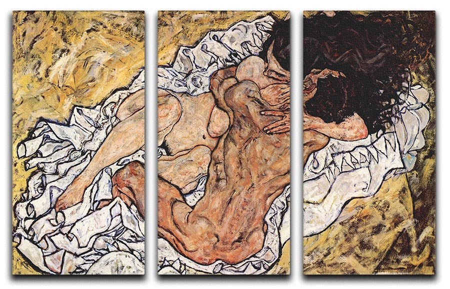 The Embrace by Egon Schiele 3 Split Panel Canvas Print - Canvas Art Rocks - 1