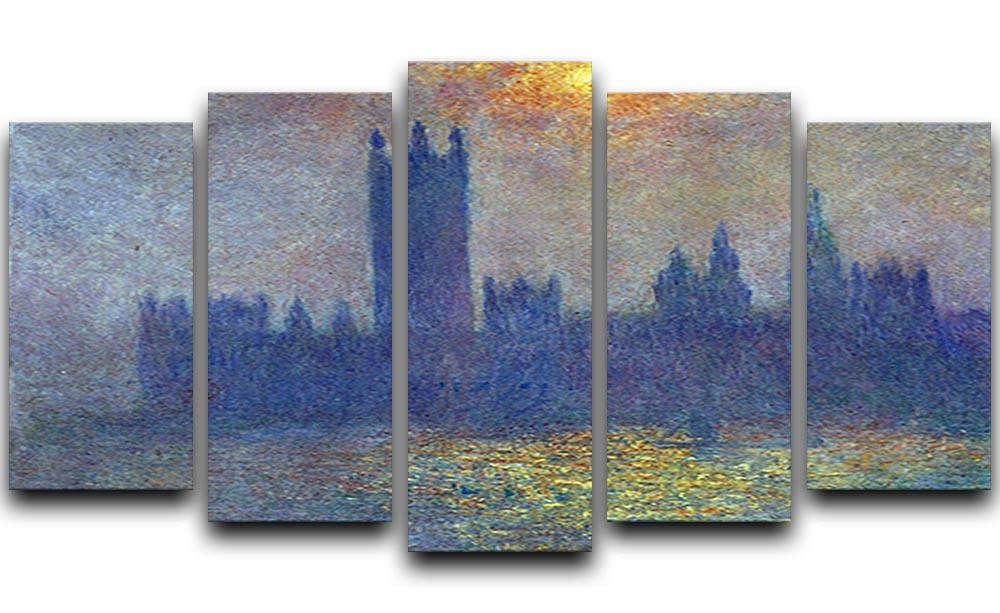 The Houses of Parliament sunlight in the fog by Monet 5 Split Panel Canvas  - Canvas Art Rocks - 1