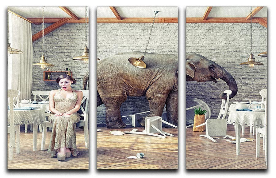 The elephant calm in a restaurant interior. photo combination concept 3 Split Panel Canvas Print - Canvas Art Rocks - 1