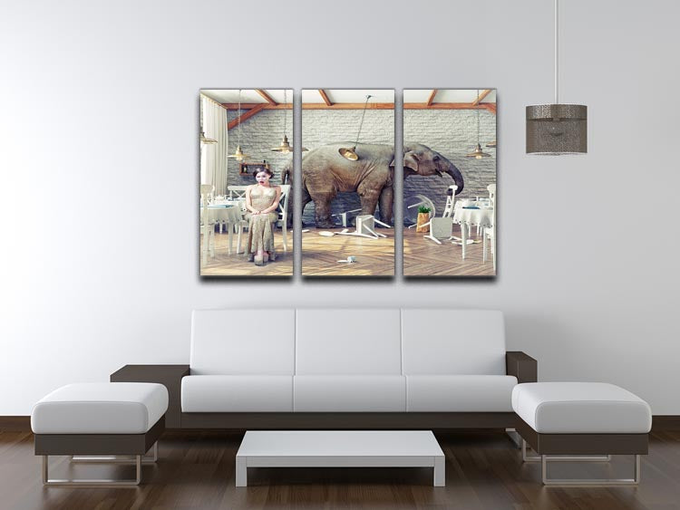 The elephant calm in a restaurant interior. photo combination concept 3 Split Panel Canvas Print - Canvas Art Rocks - 3